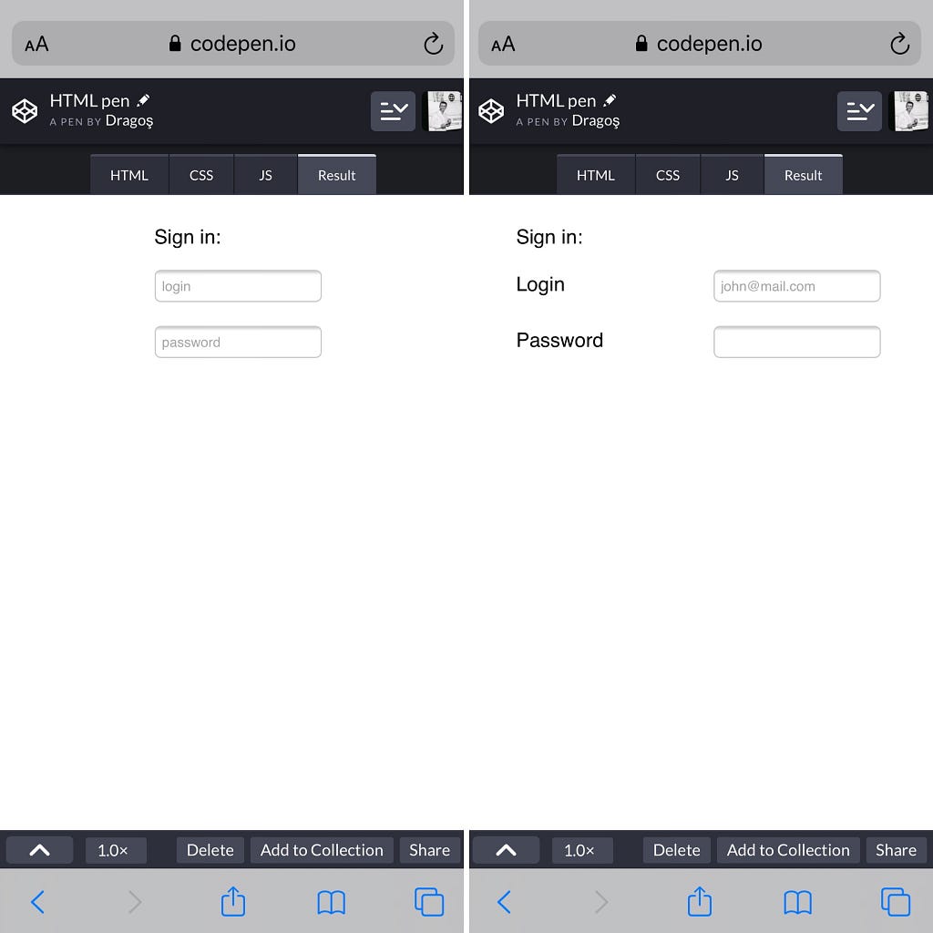 Side-by-side example of a non-intuitive vs an intuitive login form, again by usage of labels and placeholders