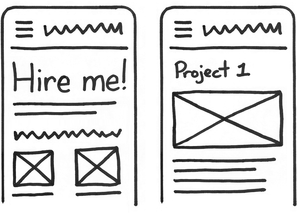 Two mobile wireframes are shown. The one on the left has the title of “Hire me!” on the screen. The one on the right has a title of “Project 1”. The wireframes were drawn by hand with a thick black Sharpie on white paper.