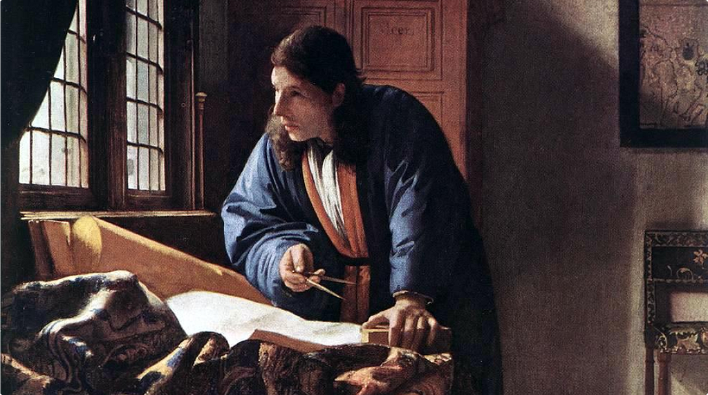 Oil painting of a man in a blue robe leaning over a large map on a table, dividers in hand, gazing toward a window. Maps and charts surround him. His expression is focused but contemplative, caught mid-thought rather than mid-action.