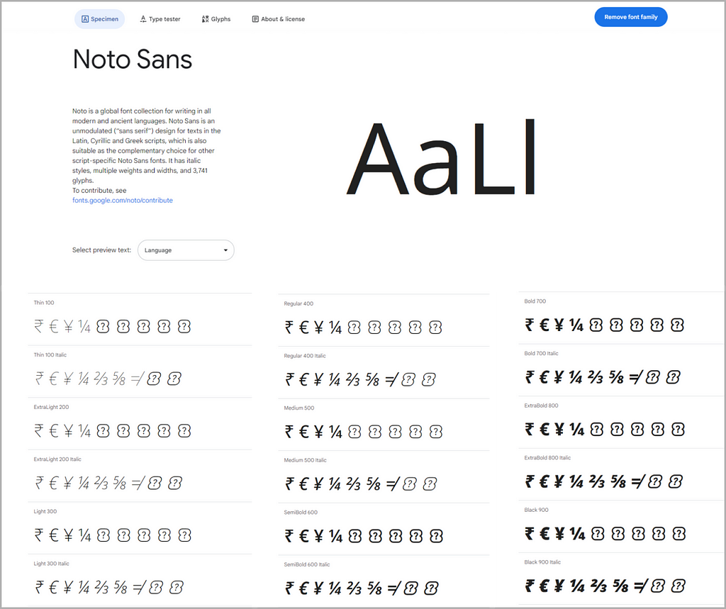 A screenshot from Google Font showing Noto Sans has missing glyphs in certain styles