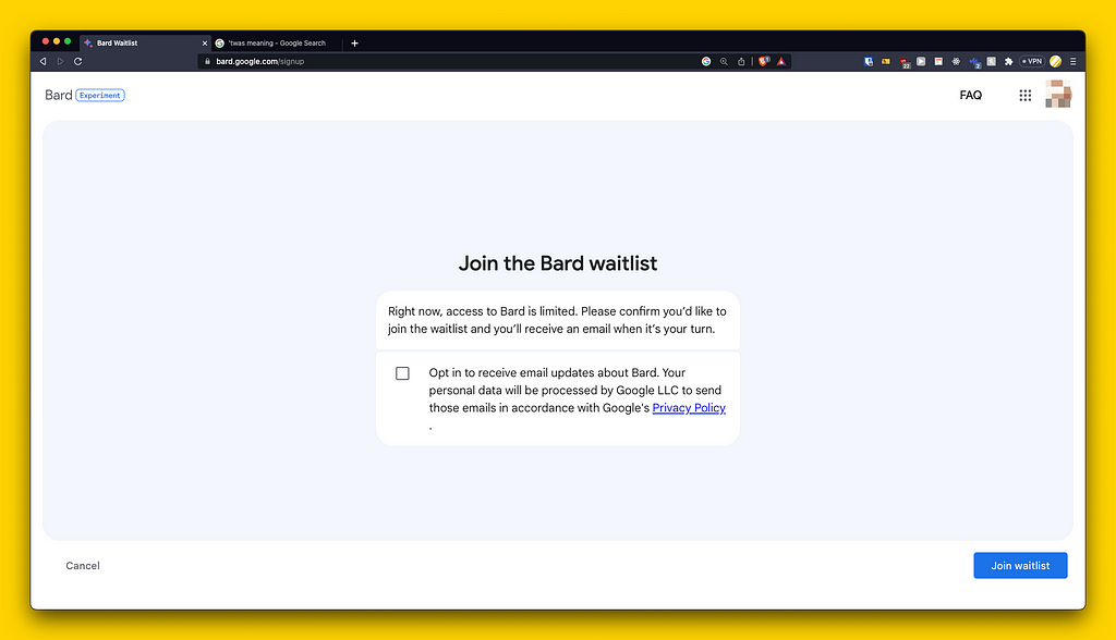 The ‘Join the bard waitlist’ screen of Google’s Bard AI