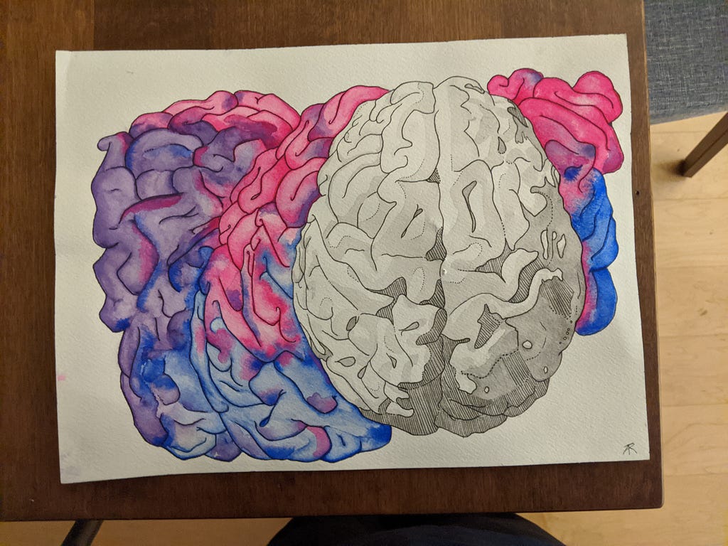 A watercolor of a brain, a normal shape in grey pencil. Surrounding it are parts colored in purple, blue, and pink mixing.