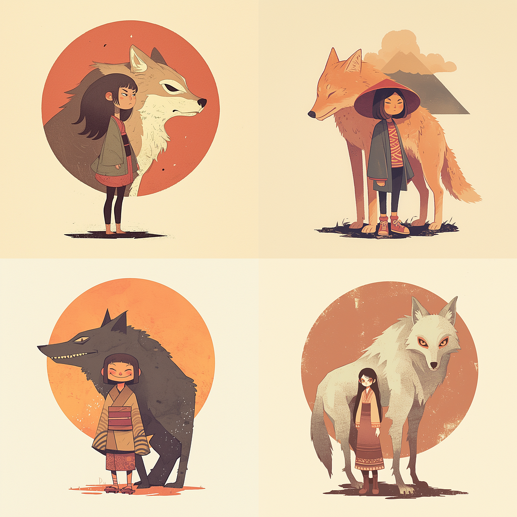 A girl with a wolf in Minimal Flat Illustration: Pastel Brown & Orange