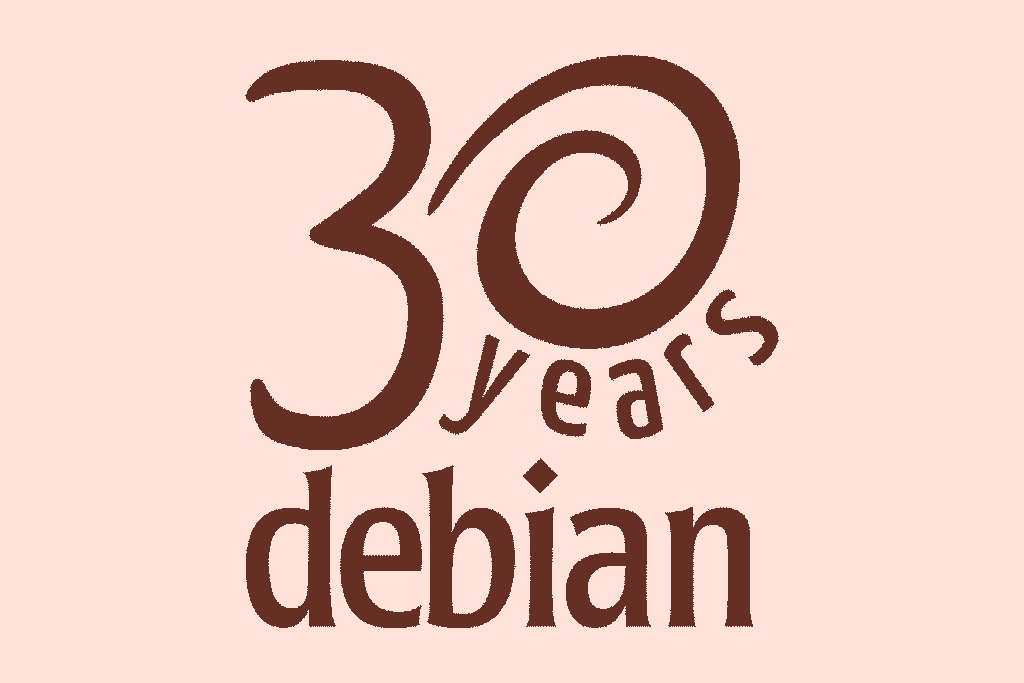 Logo do aniversário de 30 anos do Debian, com uma escrita estilizada de “30 years” e o nome Debian, na fonte tradicional, embaixo.