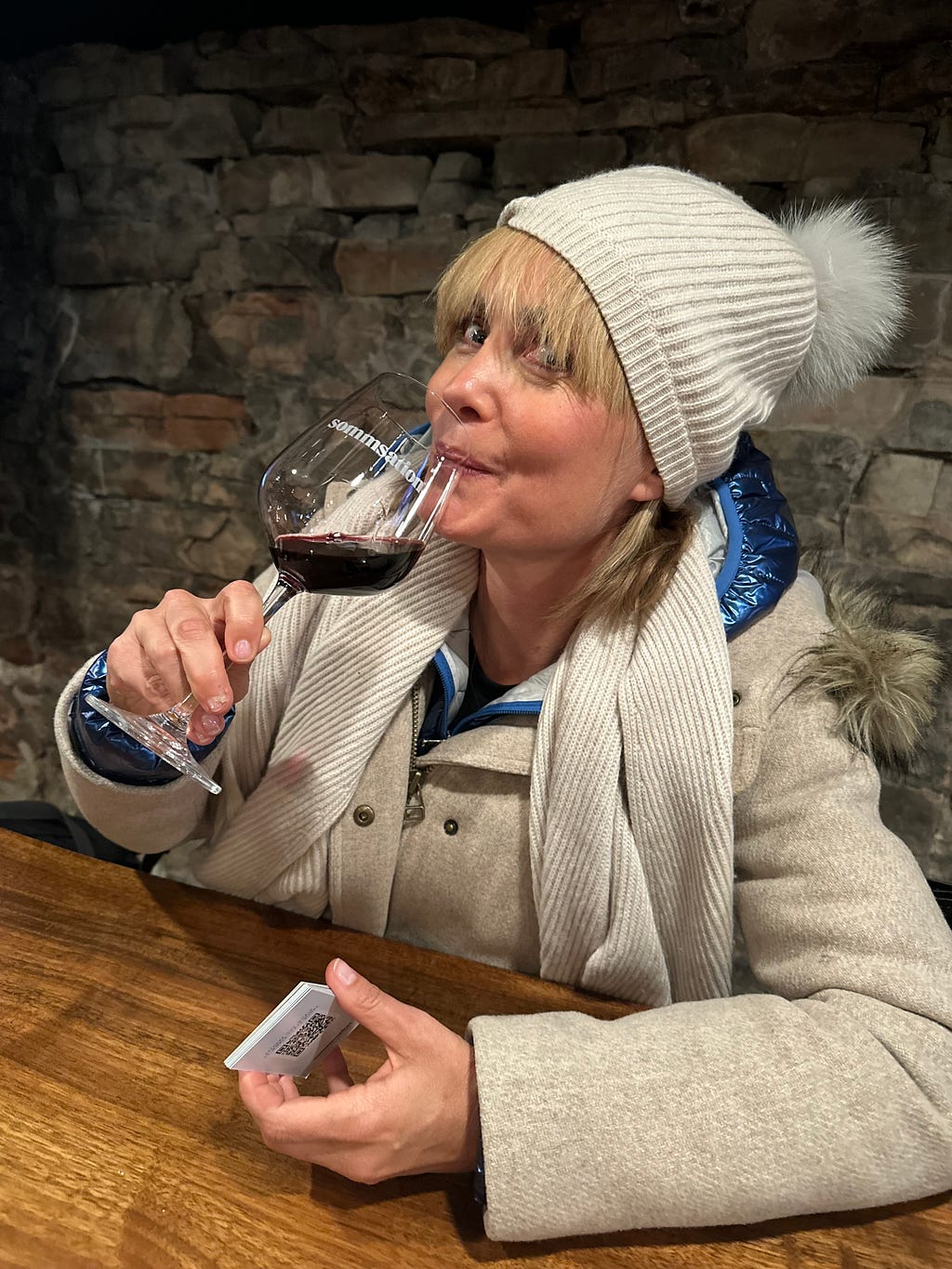 Radha Mitchell enjoys wine education during a break at the BLUEBACK press junket at Sommsation Lounge. Photo by Jim Dobson