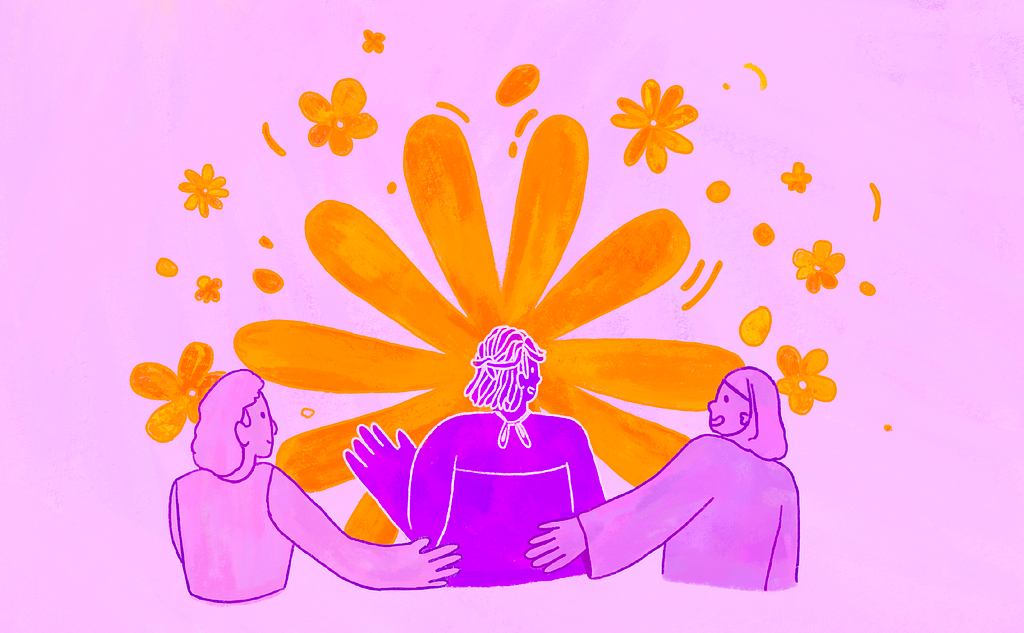 A purple and orange illustration of three people. The person in the middle is a deeper shade of purple, she is speaking and behind her is a large orange flower. To either of her sides are people supporting her.