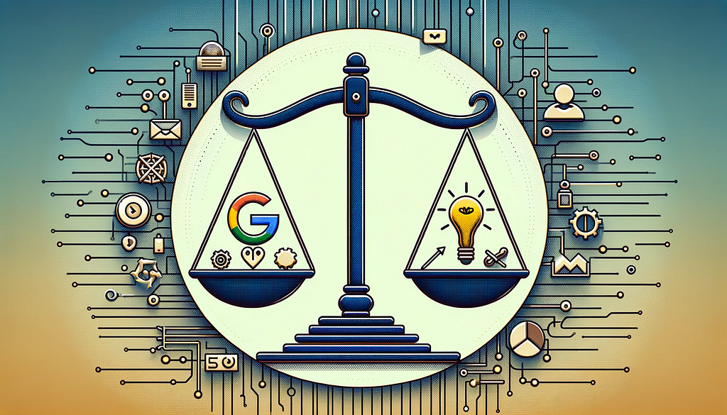 Image depicting a balance between innovation and ethics, featuring a scale with a light bulb and moral compass, set against a backdrop of technology and corporate skyline.