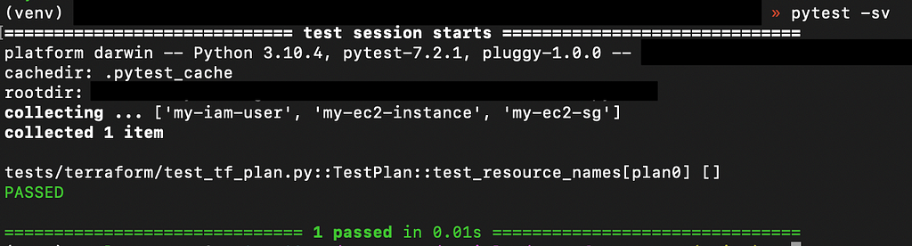 Terminal Screenshot: Execute pytest -sv command, yields 1 passing test