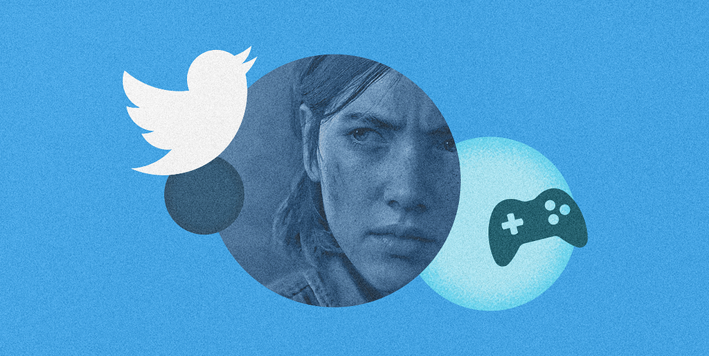 Article cover image, an abstract digital collage with a promo image of a character from The Last of Us 2, Twitter’s logo and a game controller icon