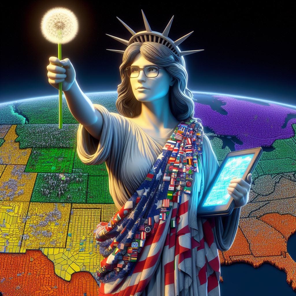 a figure resembling Lady Liberty stands on a 3D terrain map of the United States, colored according to the 2020 political electorate. She holds a glowing cyber-dandelion and wears a toga made of various world flags, symbolizing unity and diversity. The figure, with a generic everywoman face, shoulder-length brown hair, and glasses, is also holding a tablet. This tablet displays a vision into a 3D cyber-world, representing the blend of traditional ideals with futuristic technology.