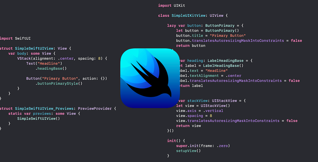 Screenshot of SwiftUI code and UIKit code side-by-side implementing the same UI