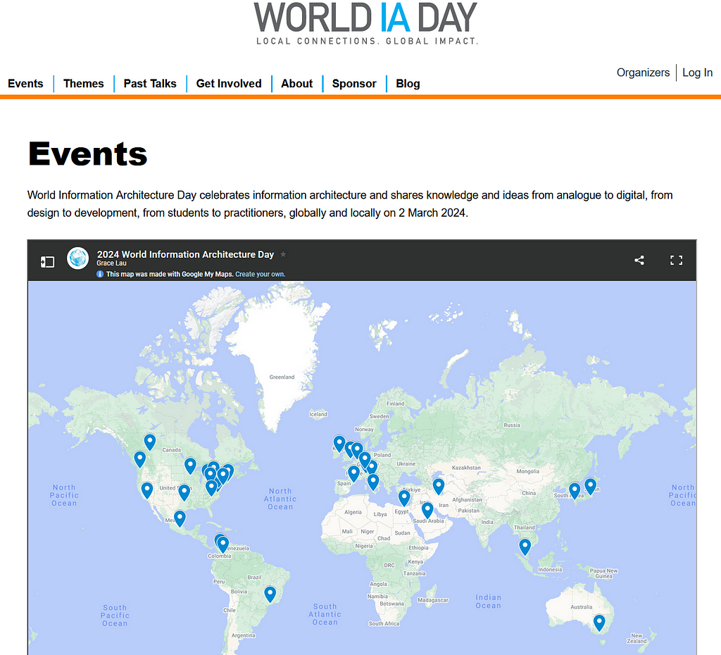 Example page of WIAD website with a map showing the locations of the 2024 World IA Day.