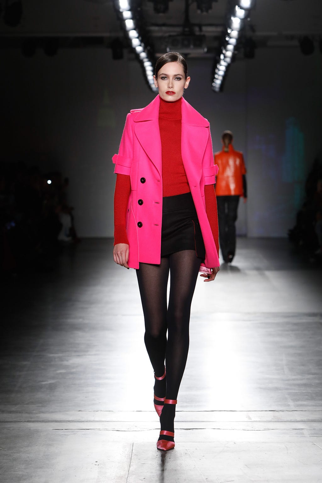 Pop Art Pink Wool Felt S-Sleeve Peacoat w/Drop-Pocket, Pop Art Red Handloomed Cashmere/Silk Turtleneck, Black Wool Felt Skirt