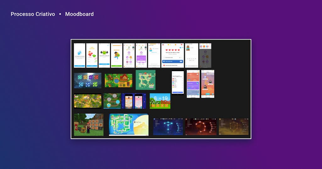 Representação de um mood board com diversos prints de telas de jogos de variados gêneros, desde educativos até RPG.
