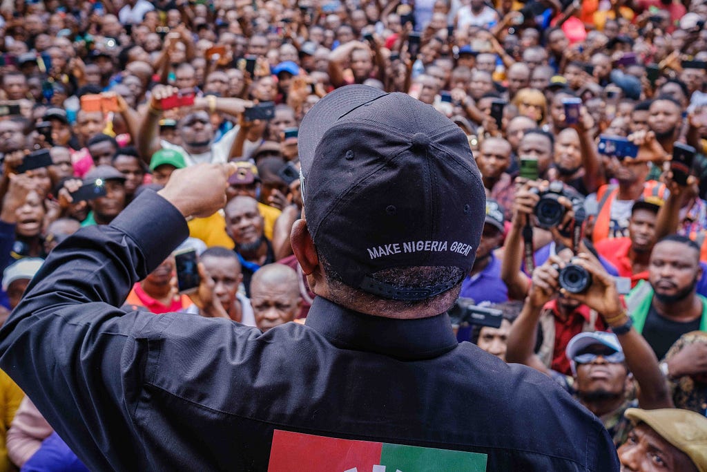 LAGOS, NGA — FEBRUARY 11, 2023: “Make Nigeria great”, Obi’s biggest hope for Nigeria as he speaks to his supporters at his ongoing campaign rally on February 11, 2023 at Alaba market, Lagos, Nigeria. CREDIT: Taiwo Aina for The New York Times