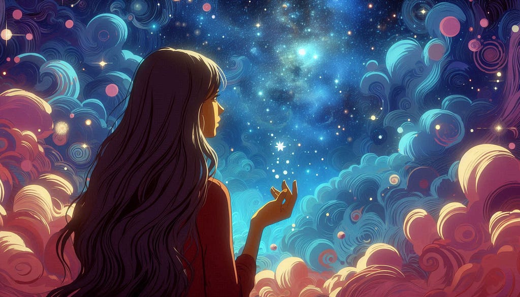 A brown girl with long black hair looking at a magical, cosmic sky