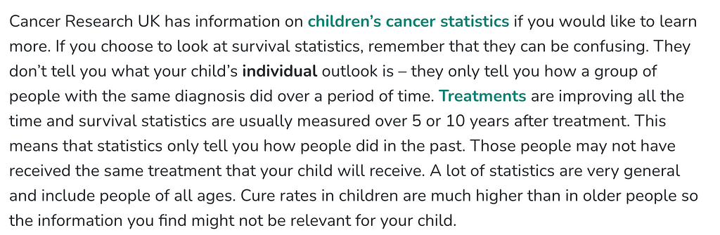 A page from Lymphoma Action explaining the information on children’s cancer survival statistics is held on a different website. The explanation is several sentences long, and emphasises the difficulties in relying on these statistics.
