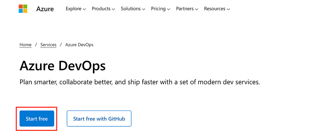 Screenshot of the Azure DevOps “Start Free” page and button