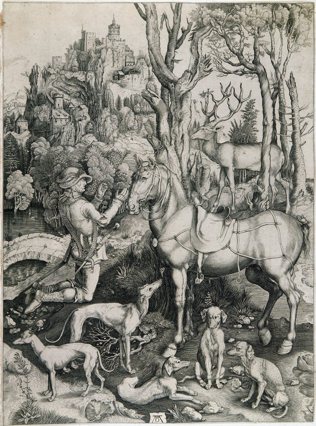 Black and white engraving of St Eustace featuring greyhounds and hunting hounds, a horse and a stag with Christ on the cross rising from between his antlers.