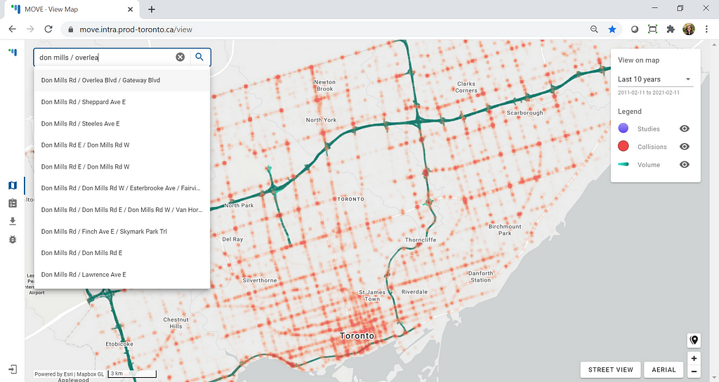 The MOVE map with “don mills / overlea” entered into the search bar and a list of 10 suggested search results below the search bar. “Don Mills Road / Overlea Boulevard / Gateway Boulevard” is highlighted.