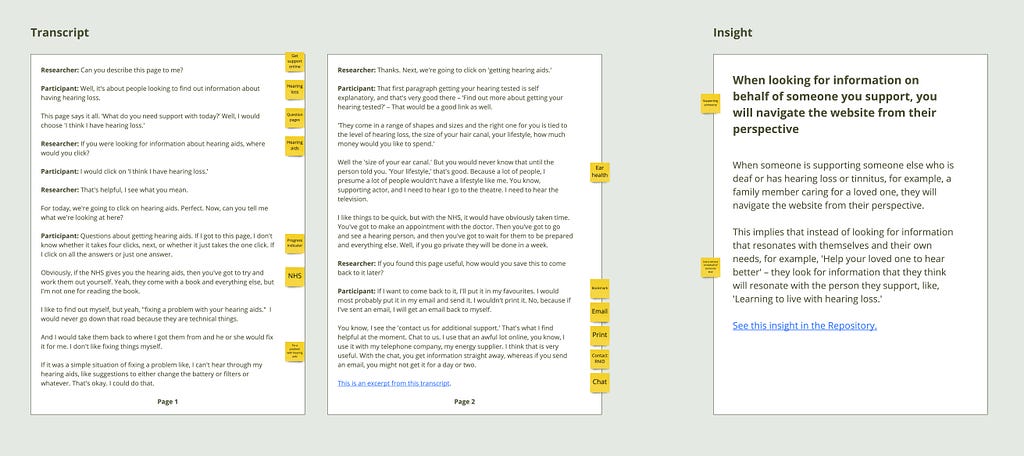 A screenshot of an exercise. On the left is an excerpt from a transcript. There’s small text, and yellow sticky notes in the margins. On the right there is a research insight, again with sticky notes in the margins.