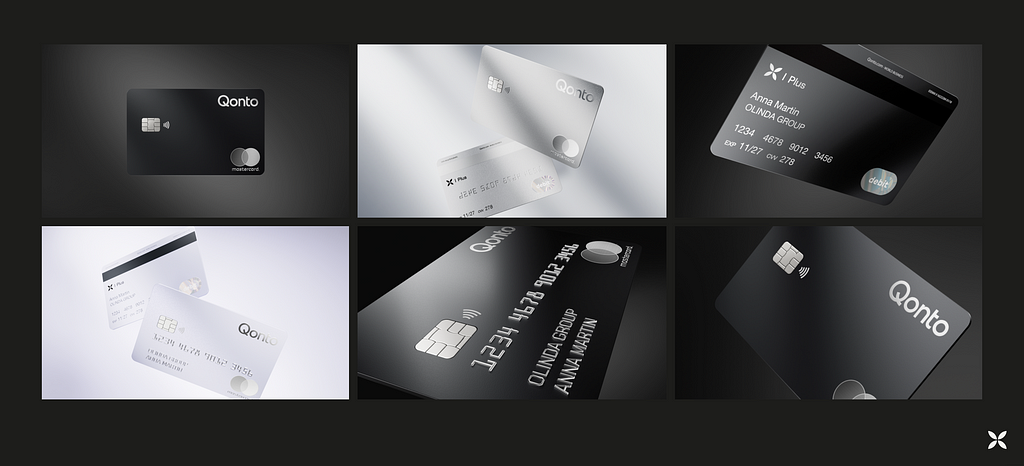 A collage of design mock-ups in 3 columns on a blackground. Top left shows mock-ups for the front of a black Qonto payment card, the bottom left shows the back of a silver card. The centre images show the front and back of silver cards on top and the front of a black card on the bottom.the right hand images show the back of a black card on top, and front of the black card on the bottom.
