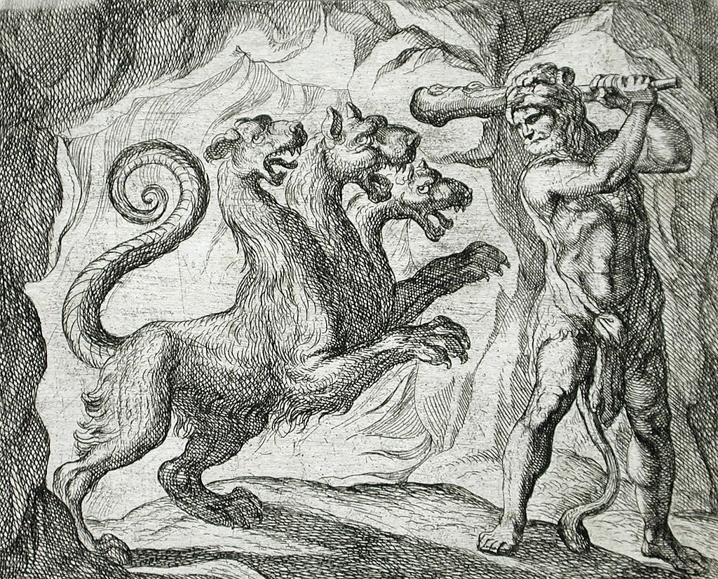 Cerberus and Heracles. Etching by Antonio Tempesta