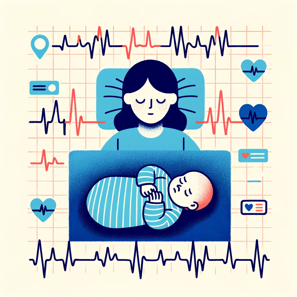 Synchronized heartbeats and breathing patterns of mother and baby, emphasizing safe co-sleeping practices