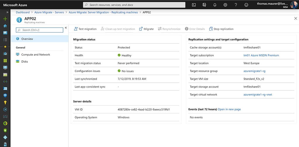 Azure Migrate VM Migration Status and Replication Settings