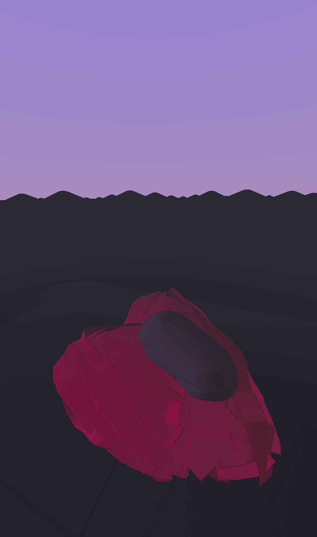 A small bundle rests on top of a large red heart. The ground and landscape are a dull gray, with mountains silhouetted in the distance. The sky is a twilight pinkish-purple hue, representing dawn.