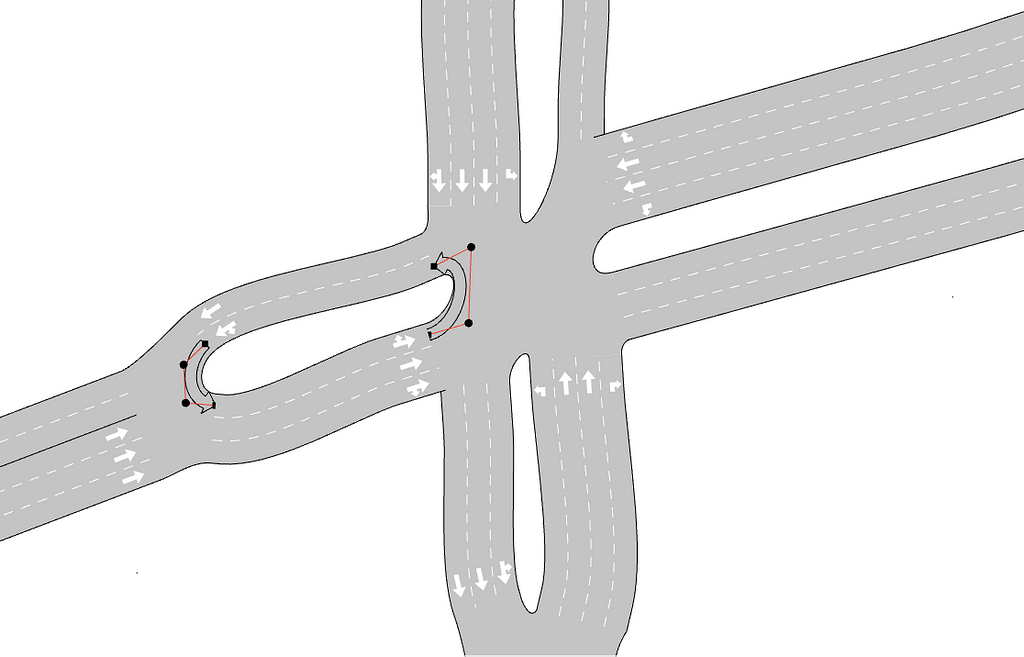 A snapshot of an intersection with a permitted U-turn followed by another nearby U-turn