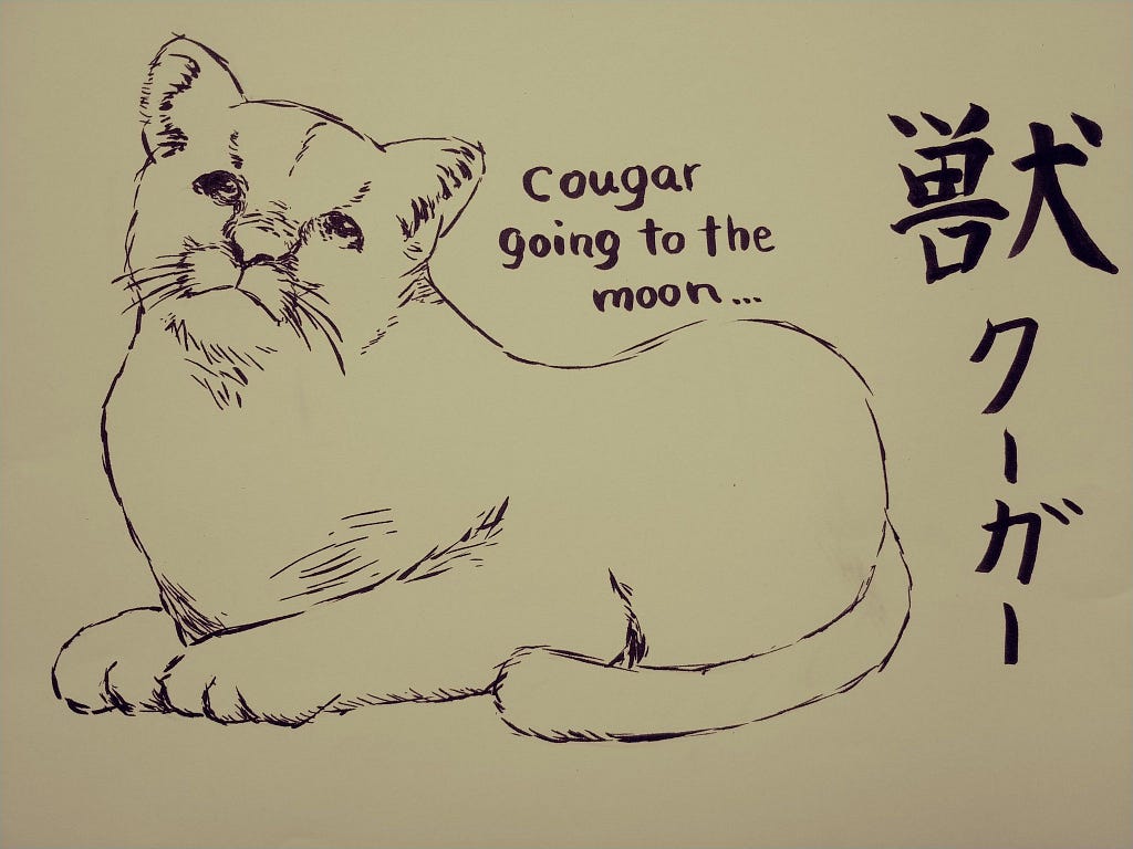 An adorable cougar cub, with the text “Cougar going to the moon…” and some beautiful Kanji