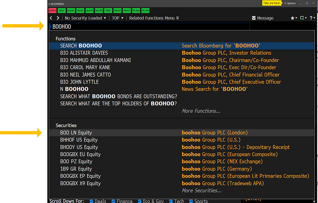 Search in Bloomberg search bar for Boohoo. Showing results display under categories and correct result.