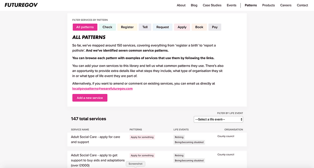 A screenshot of the FutureGov “Local Government Patterns” service