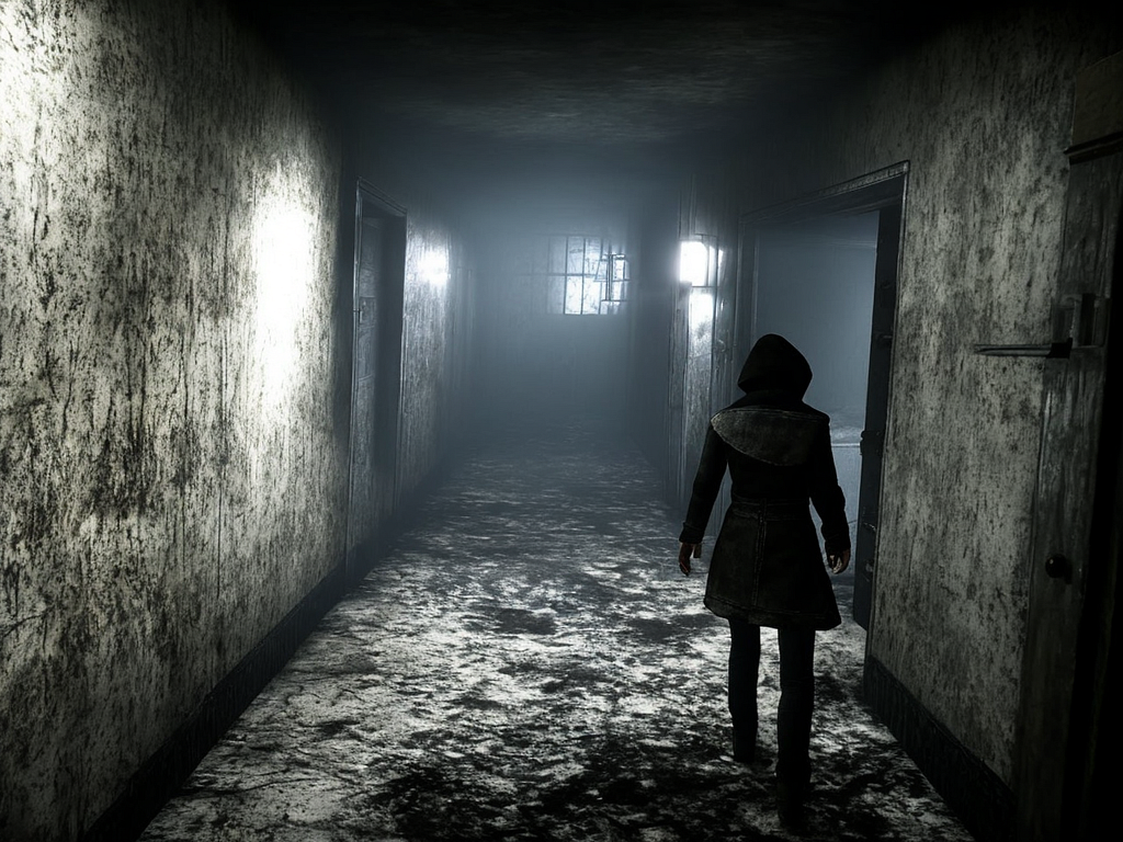 AI-generated fake screenshot from a survival horror game, the character is standing in a creepy-looking corridor.
