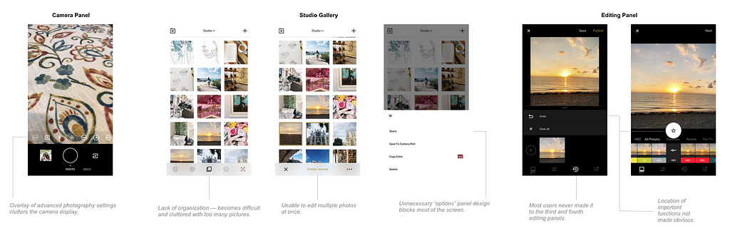 A markup of VSCO’s current layout and design, highlighting areas for improvement.