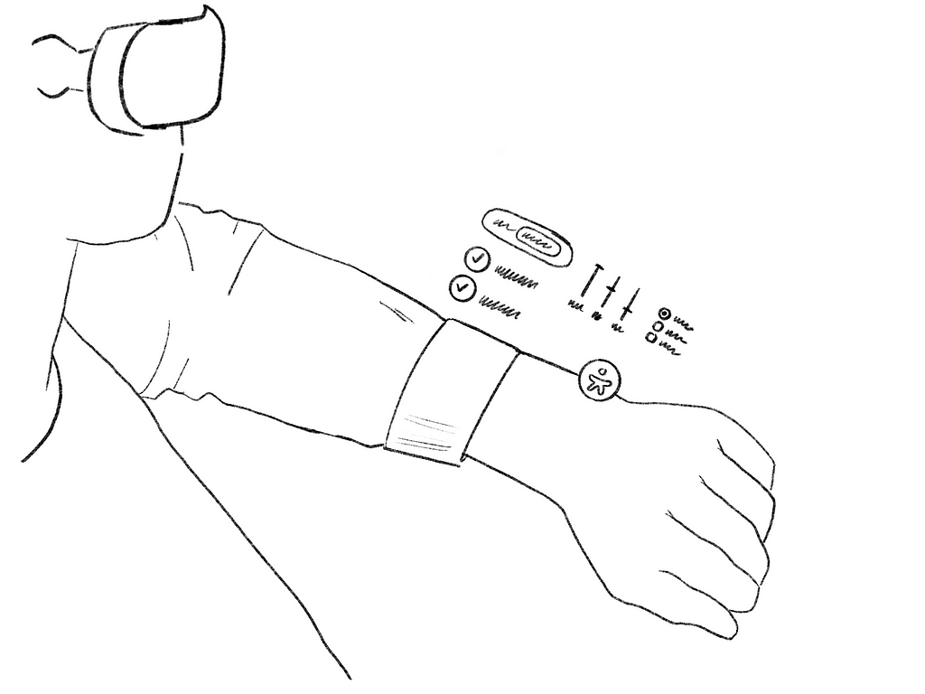 Sketch of a person wearing a virutal reality headset viewing UI appearing around his wrist