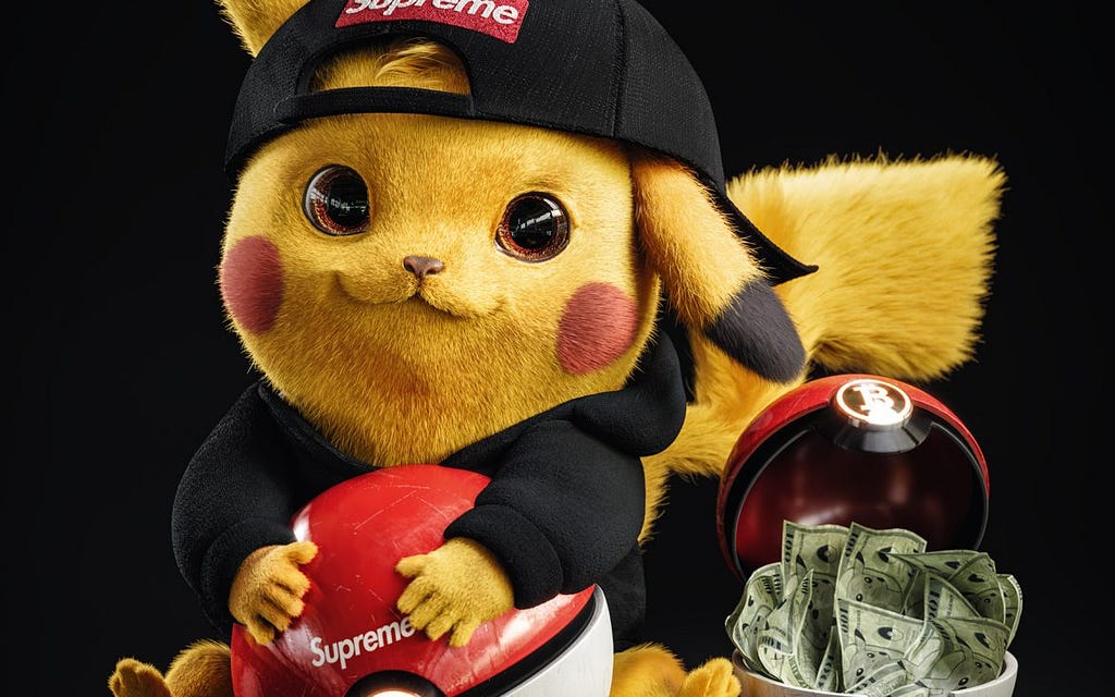 Pokémon character Pikachu wearing Supreme merchandise with Poké Ball overflowing with dollars.