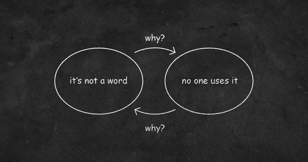 A blackboard diagram showing a loop. “It’s not a word”, “Why?”, “No one uses it”, “Why?”, “It’s not a word”, etc.
