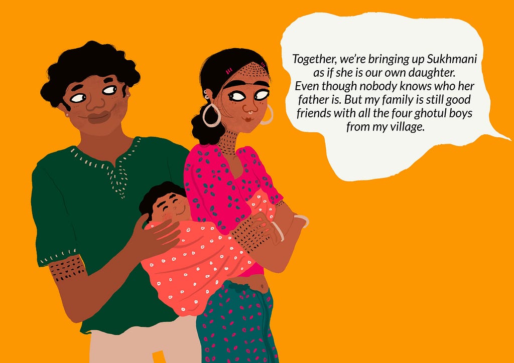Guruwari explains that together, she and her husband bring up their baby, Sukhmani. An illustration of the three of them.