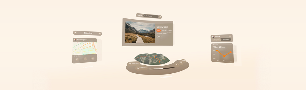 Design for a 3D outdoor activity tracker app, displayed on Meta Quest