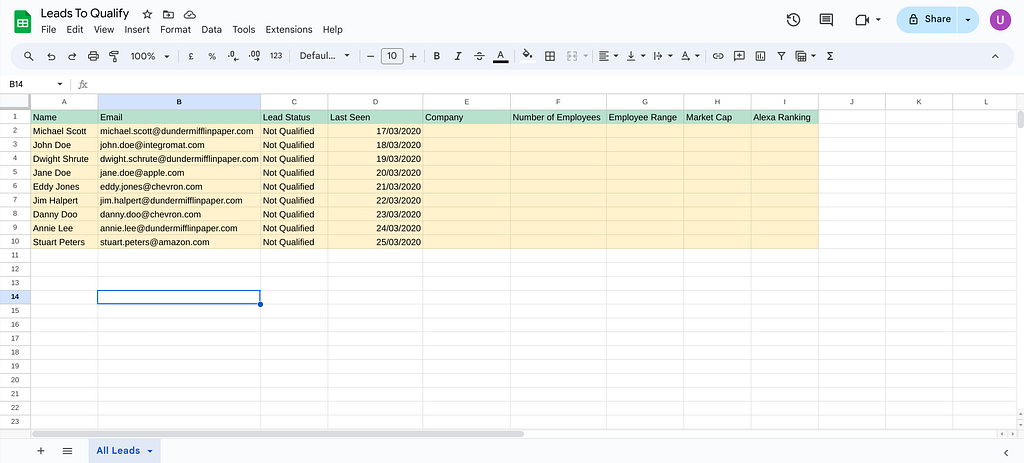 Leads in a Google Sheet spreadsheet