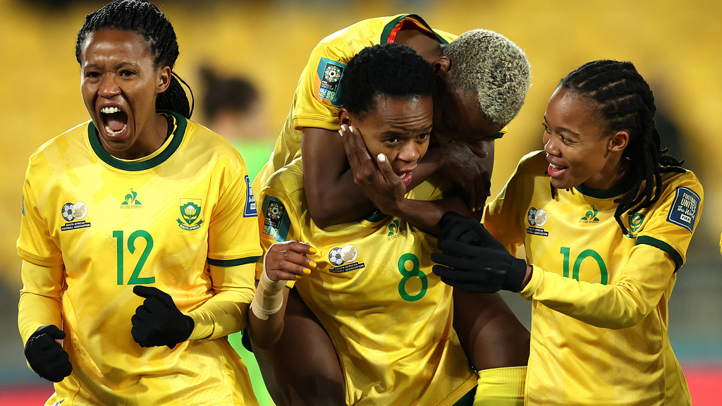 Banyana Banyana celebrating their second goal against Italy in 3–2 thriller in group stage fixture ©Twitter/Banyana_Banyana
