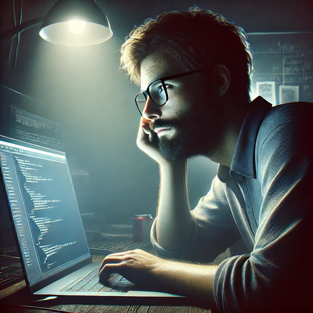 A developer, somewhat stressed, staring at his screen.