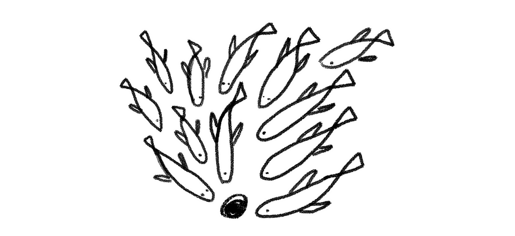 Illustration of fish swimming to a central point
