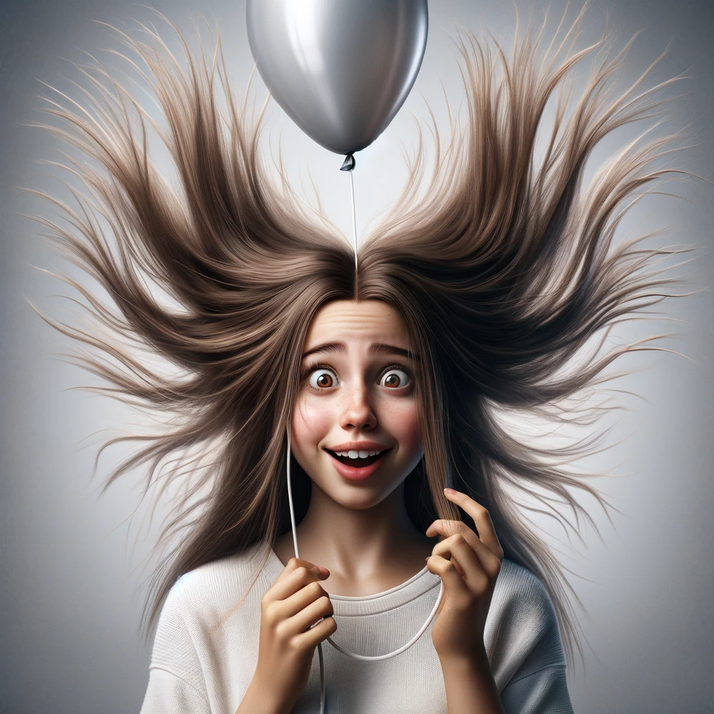 ChatGPT: long hair standing on end due to electrostatic charge.