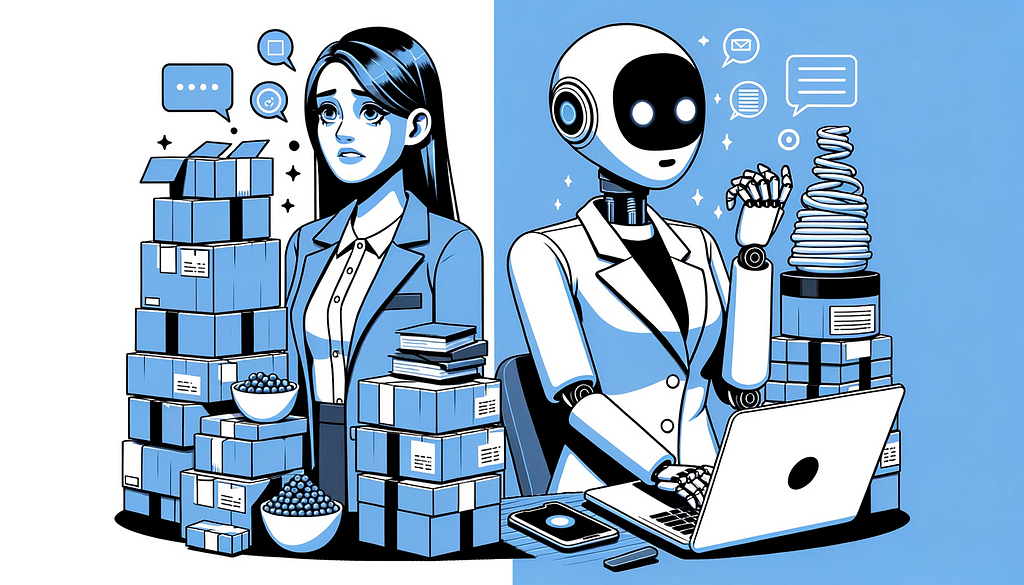 “A split illustration depicting a transformation in a female marketer’s experience. On the left, she appears stressed, surrounded by stacks of blue products awaiting descriptions. On the right, she looks content and relieved as a modern white AI robot beside her efficiently types away, generating the product descriptions.”