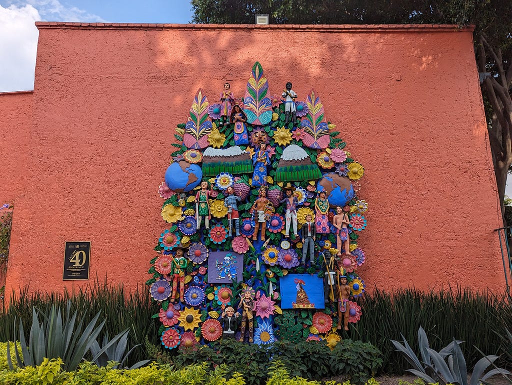 A beautiful and colourful example of an árbol de la vida (tree of life) Mexican pottery sculpture in the courtyard at Museo Nacional de Culturas Populares (National Museum of Popular Cultures).