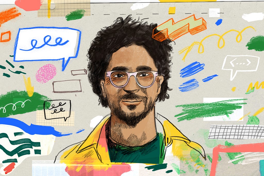 Illustrated portrait of Mark Díaz, an Afrolatino man in his early 30’s with medium-length black curly hair and a beard, wearing pink translucent glasses.