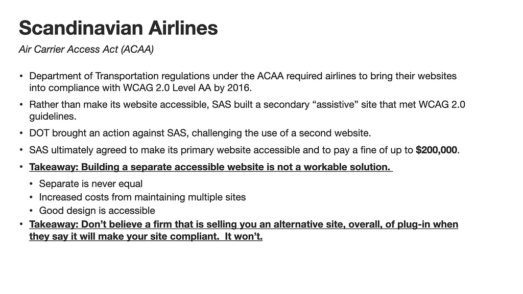 Legal slide regarding Scandinavian Airlines and the Air Carrier Access Act.